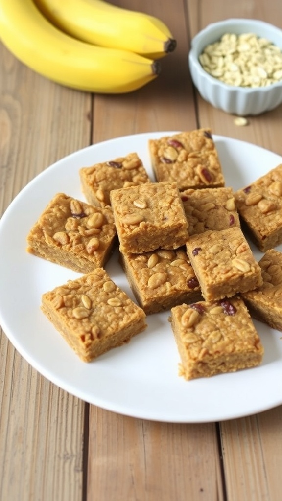 Delicious banana bread oatmeal bars on a plate, garnished with honey, surrounded by bananas and oats.